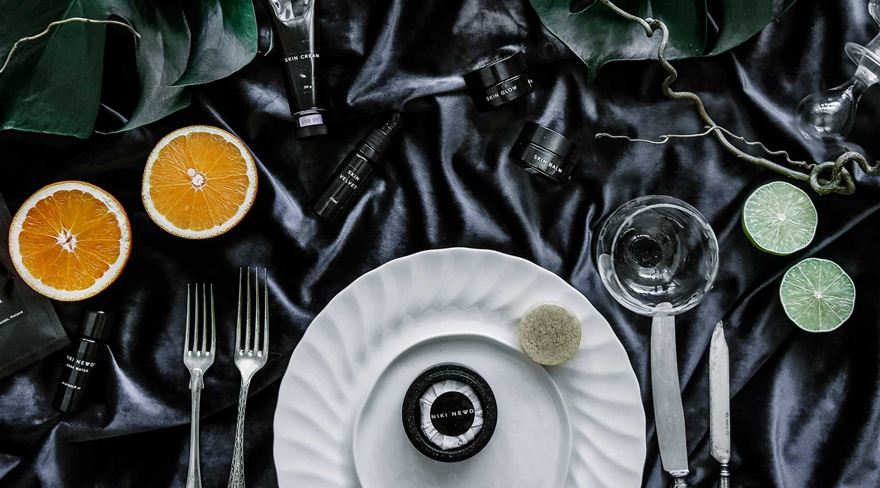  Niki Newd® skincare essentials arranged for cocktailing — fresh, nutrient-rich products for a simplified and effective daily routine