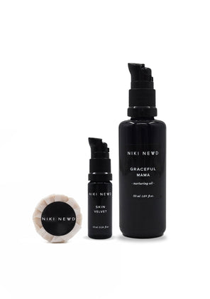 Glow Revival Set -tuotepaketti Niki Newd®:ltä — Oatmeal Soap-saippua, Skin Velvet-öljyseerumi ja Graceful Mama -hoitoöljy samealle ja elottomalle iholle.