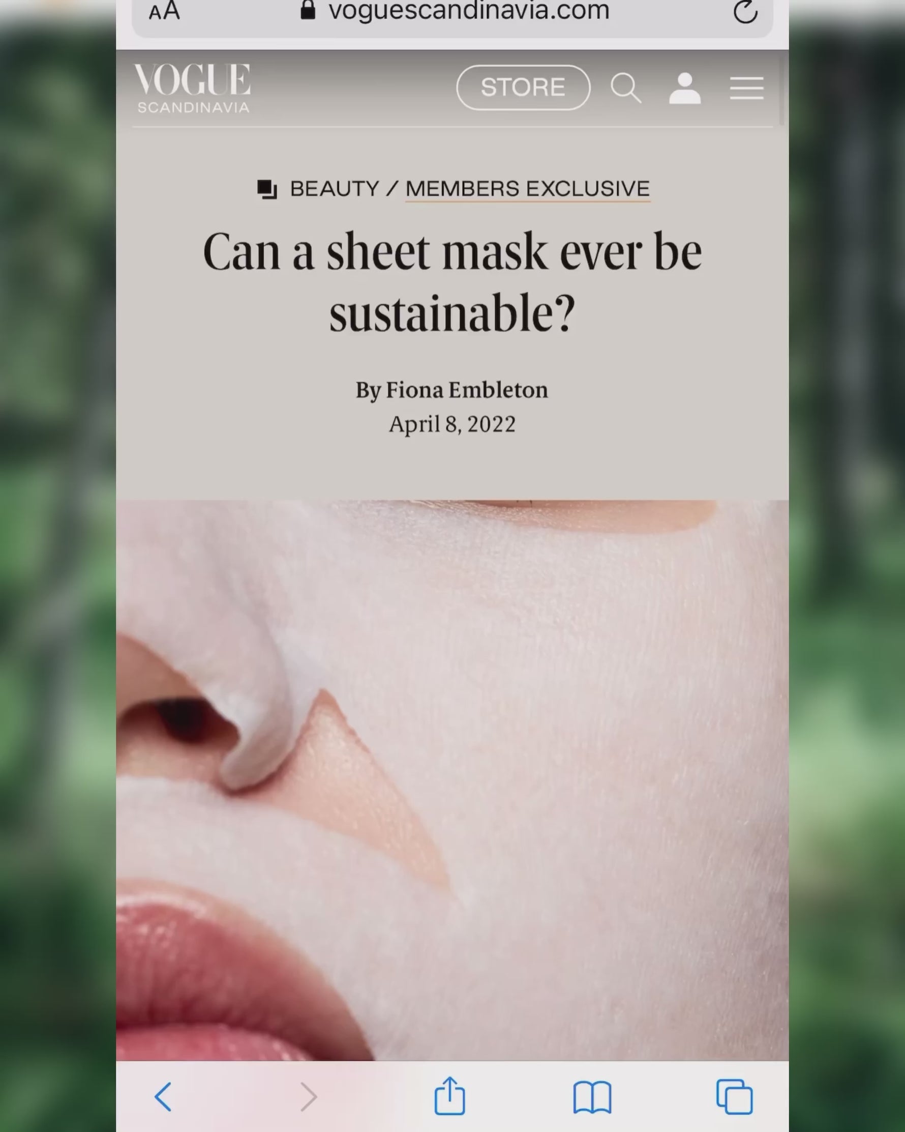 Scrolling through a Vogue Scandinavia article featuring Niki Newd's face mask and an interview with Kirsi.